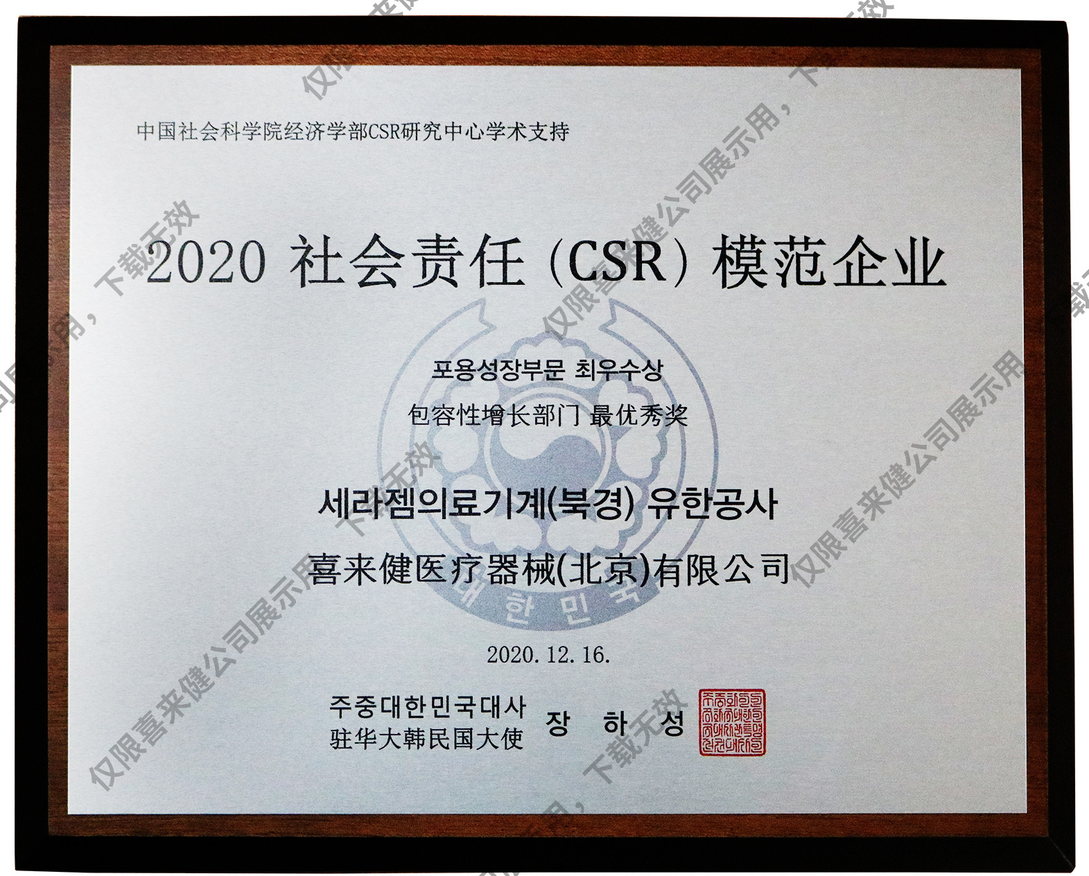 2020年社会责任(CSR)模范企业奖牌